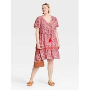 Knox Rose Womens Plus XXL Floral Short Sleeve Tiered Dress Tassel Waist Tie